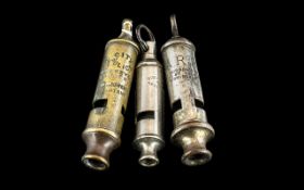 Three Antique Whistles, A.R.P. Hudson & Co.; City Police Brass Whistle; and Massey & Co.