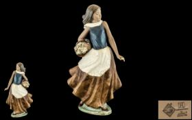 Nao by Lladro Gres Large Hand Painted Figure ' Young Woman with Basket of Flowers.