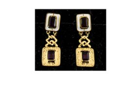 Garnet Contemporary Designer Drop Earrings, octagon cut garnets of 3cts,