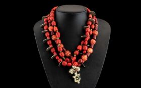 Antique South American Red Coral Marriage Bead Necklace of Large Size of Natural Forms,