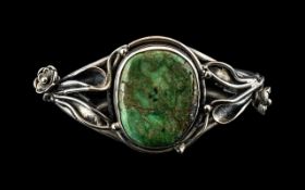 Art Nouveau Silver Bangle. Tulip Design with Large Turquoise Stone to Centre of Large Size.