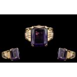 Ladies 18ct Gold - Attractive Single Stone Emerald Cut Amethyst Set Dress Ring.