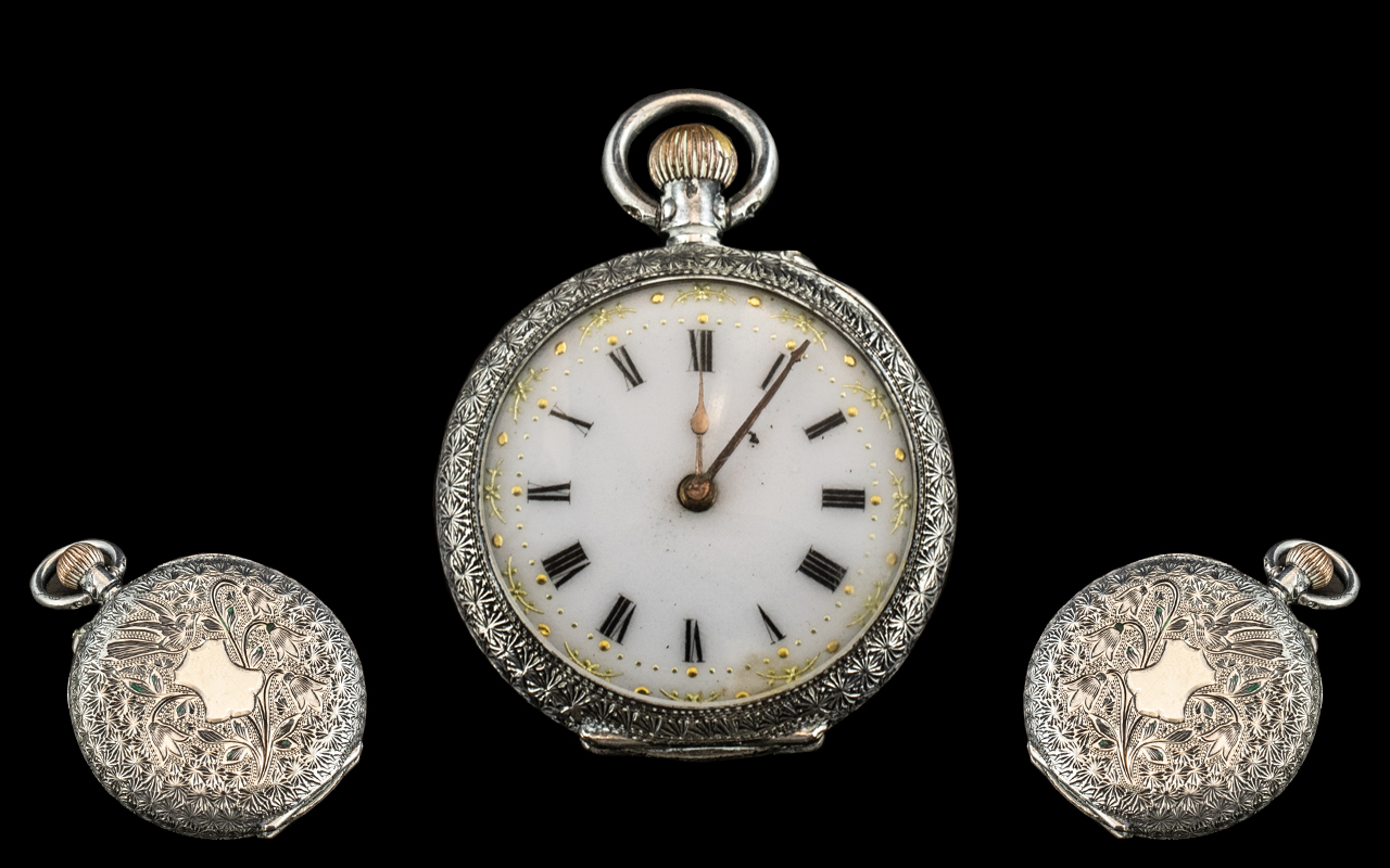 Silver Ladies Fob Watch. Very Ornate Ladies Silver Watch, Working at time of Cataloging.