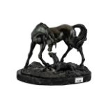 A Modern Bronze Figure Group Horse and Foal, on a naturalistic base, raised on a marble plinth.