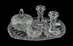 Cut Glass Dressing Table Set, comprising oval tray, two candle holders,