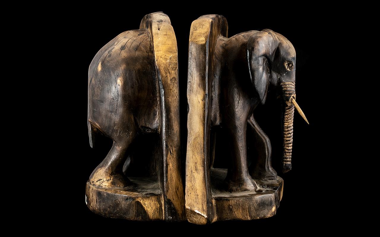 Pair of Unusual Extra Large Carved Hard-Wood Bookends In the Form of a Standing Elephant, With