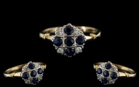 Ladies - Attractive and Pleasing 9ct Gold Sapphire and Diamond Set Dress Ring In Art Deco Style.