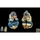 Lladro Gres - Eskimo Pair of Hand Painted Figures. Comprises 1/ Pensive Eskimo Boy, Model No 2159.