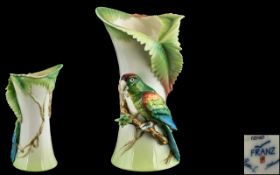 Franz - Fine Porcelain Signed Hand Painted Rain Forest Macaw Candlestick. Model No F201427.