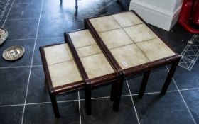 Modern Tiled Top Teak Nest of Three Tables, largest table 26" x 18", circa 1970s.