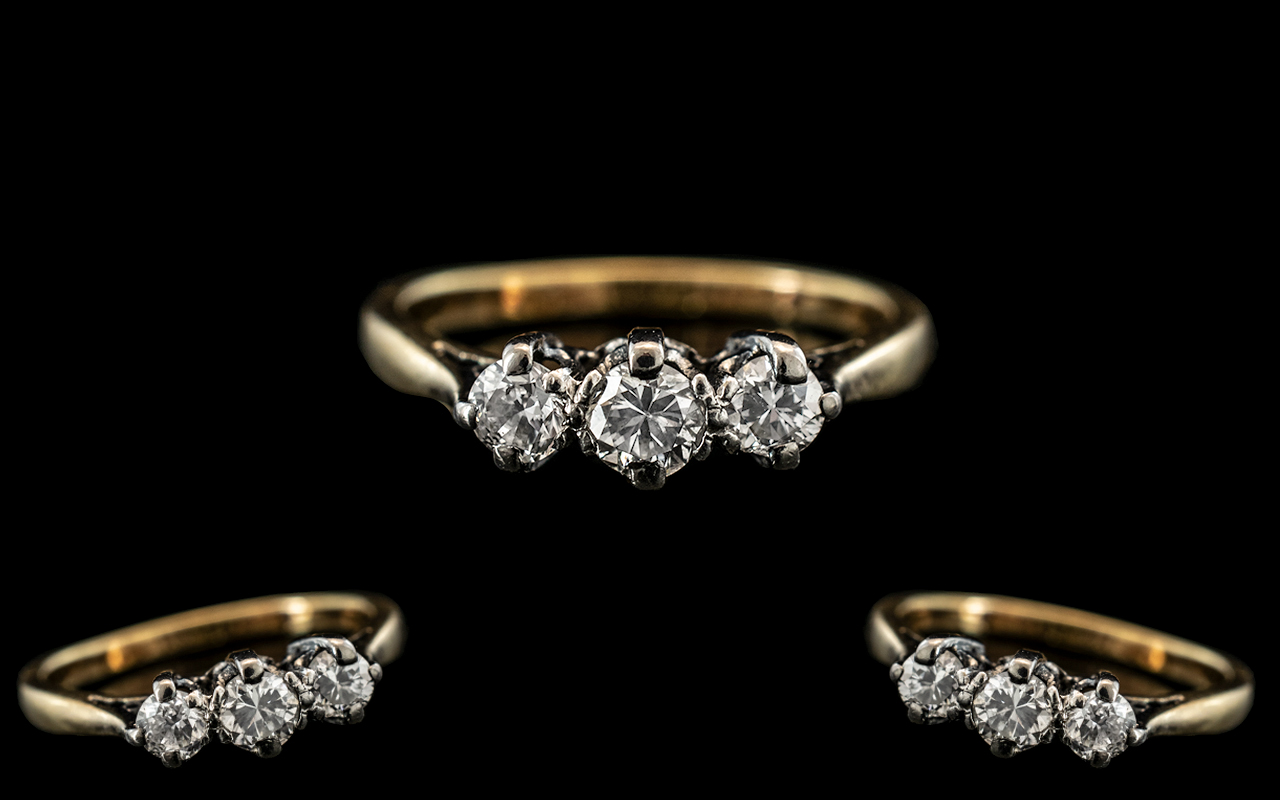 18ct Gold - Attractive 3 Stone Diamond Set Ring. Marked 18ct To Interior of Shank.