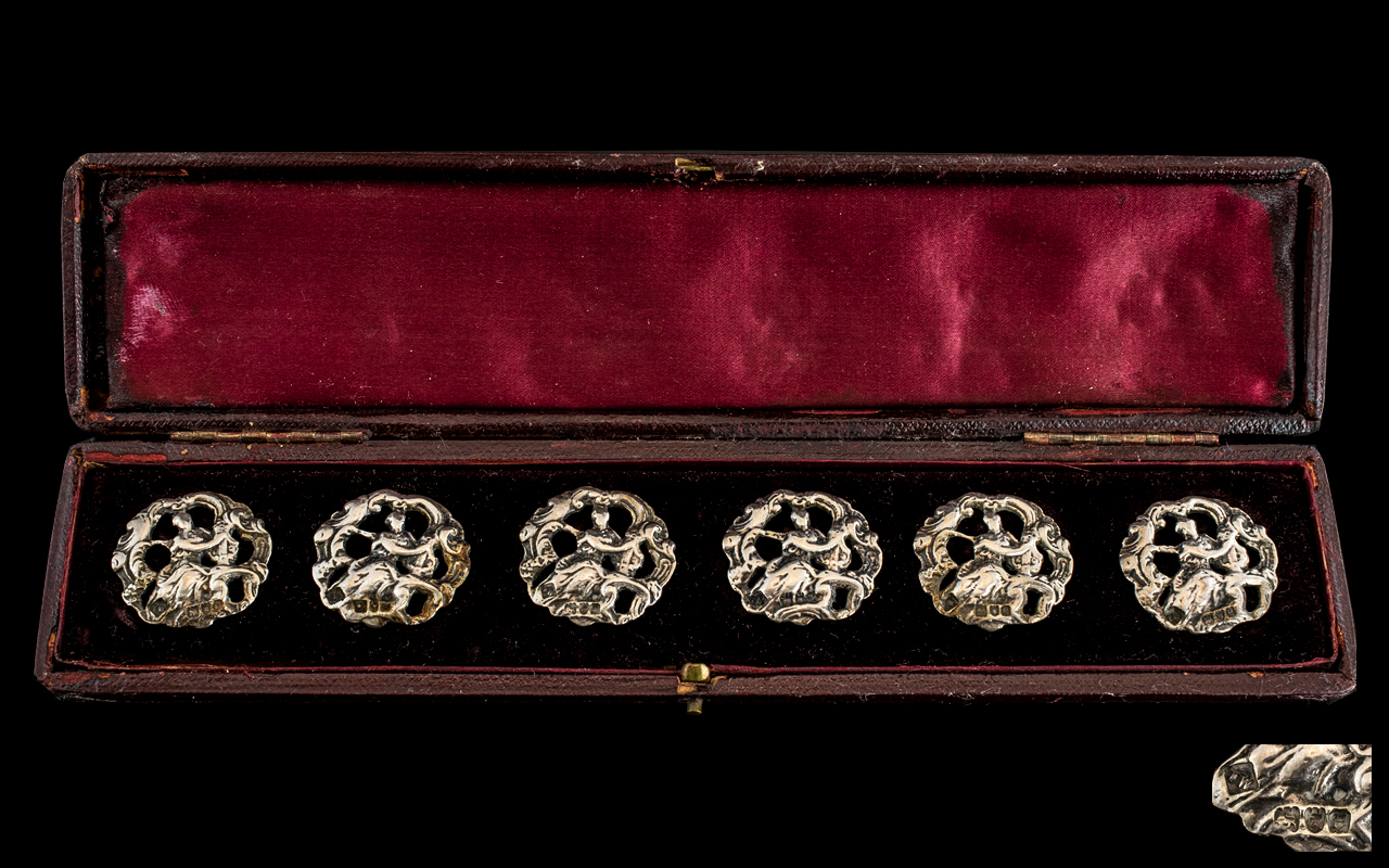 Art Nouveau Superb Set of Six Cast Silver Buttons In Original Display Box.