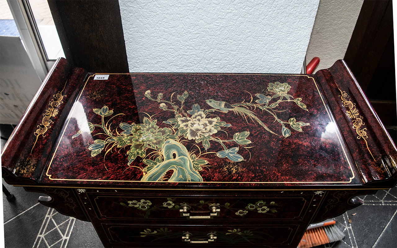 A Chinese Red Lacquered Alter Table Shaped Chest, consisting of three drawers, - Image 2 of 2