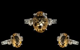 Ladies - Attractive and Impressive Sterling Silver Single Stone Citrine Set Dress Ring,