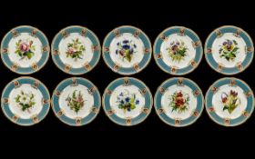 19th Century Superb Set of Hand Painted Floral Cabinet Plates ( 10 ) Ten In Total. c.1880.