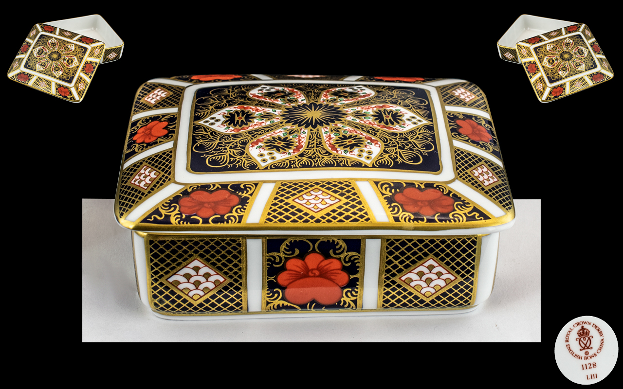 Royal Crown Derby Imari Pattern - Single Gold Band Lidded Trinket Box of Rectangular Shape.