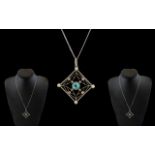 Art Nouveau - Exquisite 18ct White Gold and Petite Diamond and Aquamarine Set Pendant Drop,