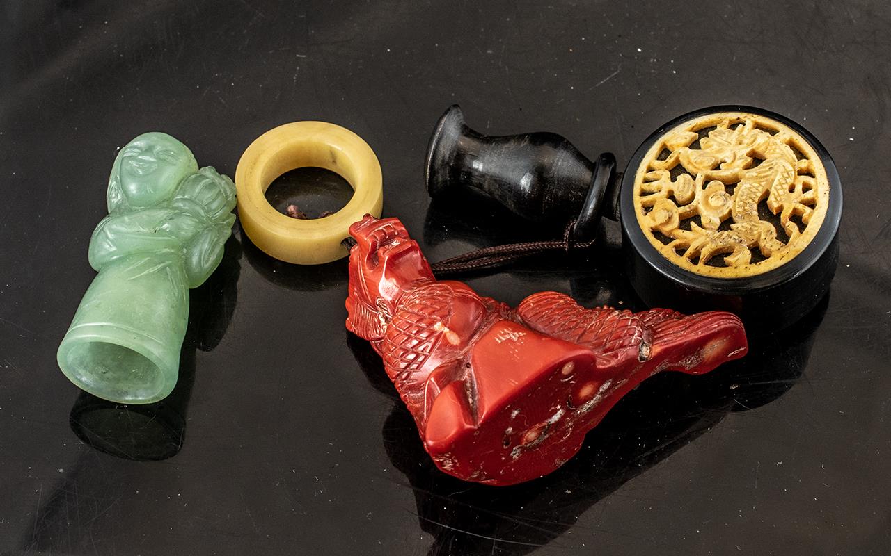 Collection of Chinese Items ( 3 ) Items In Total. To Include Jade Figure, Bone and Horn Perfume