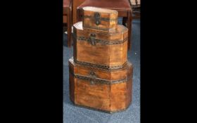 A Set of Indian Teak Graduated Lidded Boxes, Metal Mounted with Lock plates.