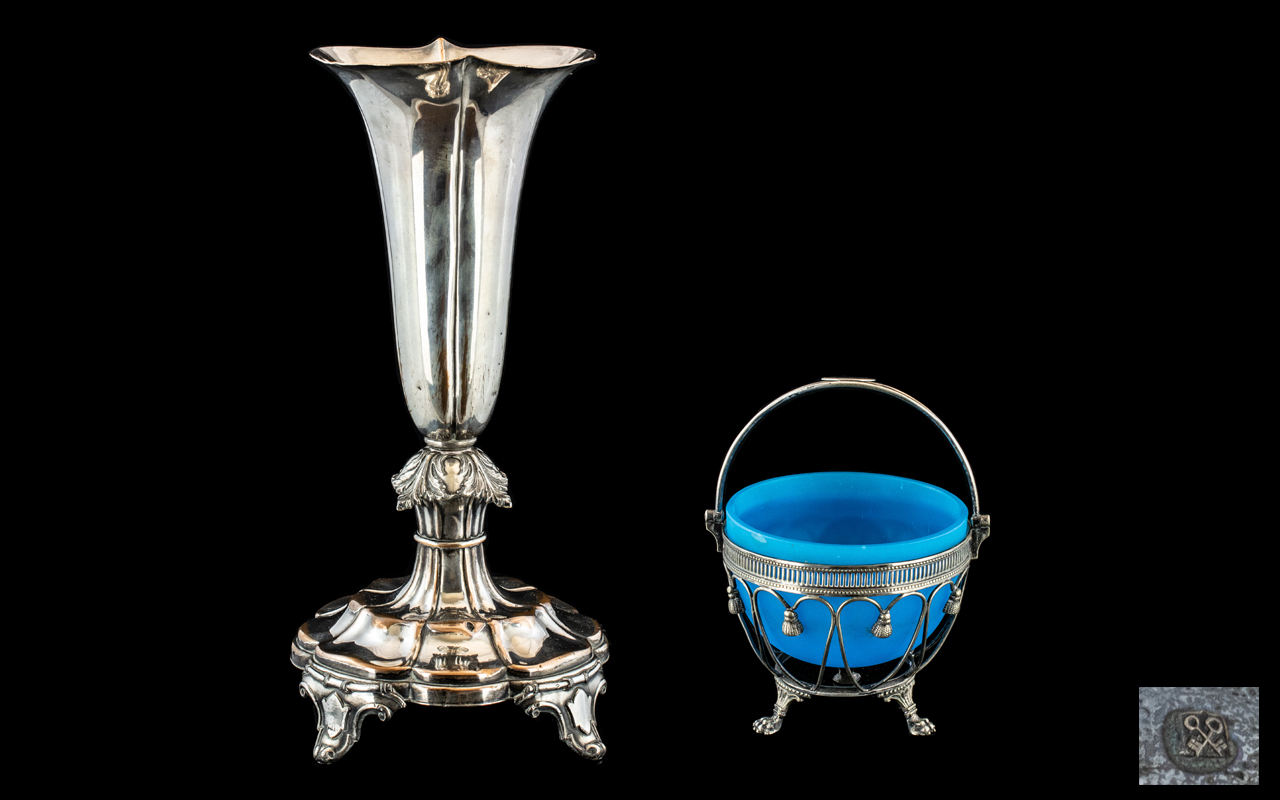 A Victorian Silver Plated Sugar Bowl with blue glass liner in the Adam's style. Together with a