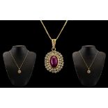 Antique Period - Wonderful and Attractive Ruby and Diamond Set Oval Shaped Pendant Attached to a