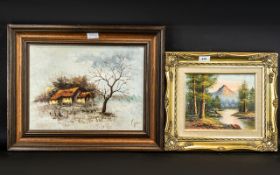 Pair of Oil Paintings comprising a painting of a mountain and woodland scene, framed in a gilt