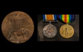 1914 - 1918 War Death Plaque to Frank Howarth, and His Two Great War Medals, Stamped PTE. F.