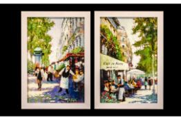 Pair of Prints on Canvas highlighted in oils by E Anthony Orme, depicting French street scenes,