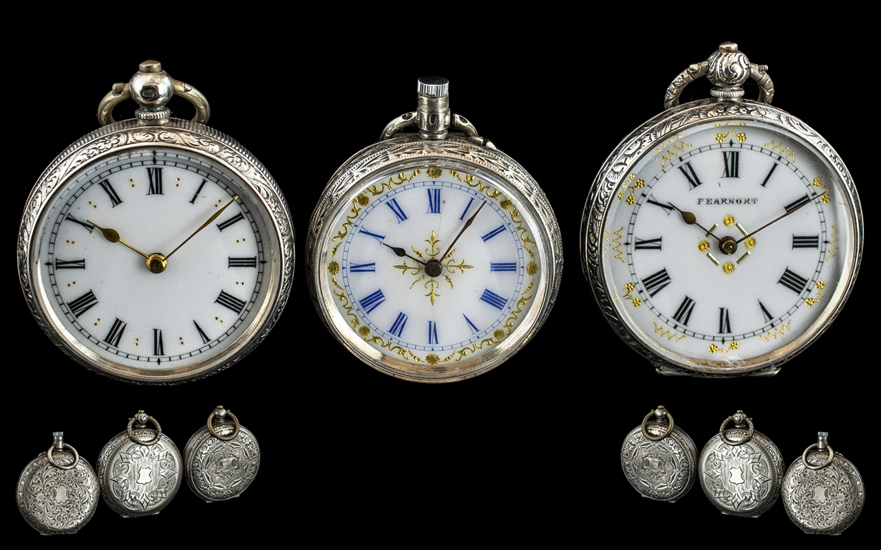 Antique - Trio of Fine Quality Ornate Cased Sterling Silver Ladies Open Faced Pocket Watch.