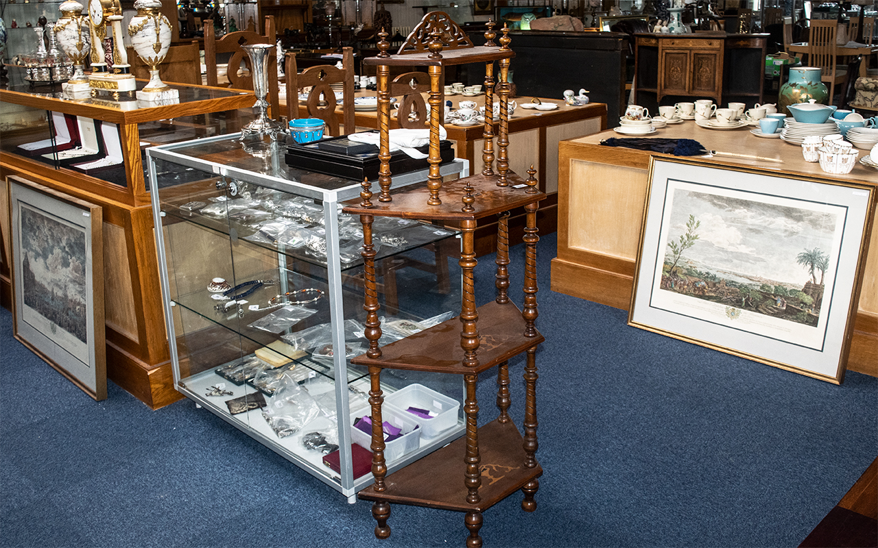 Victorian Walnut Inlaid Four Tier What Not, supported by turned spindles, circa 1880's,