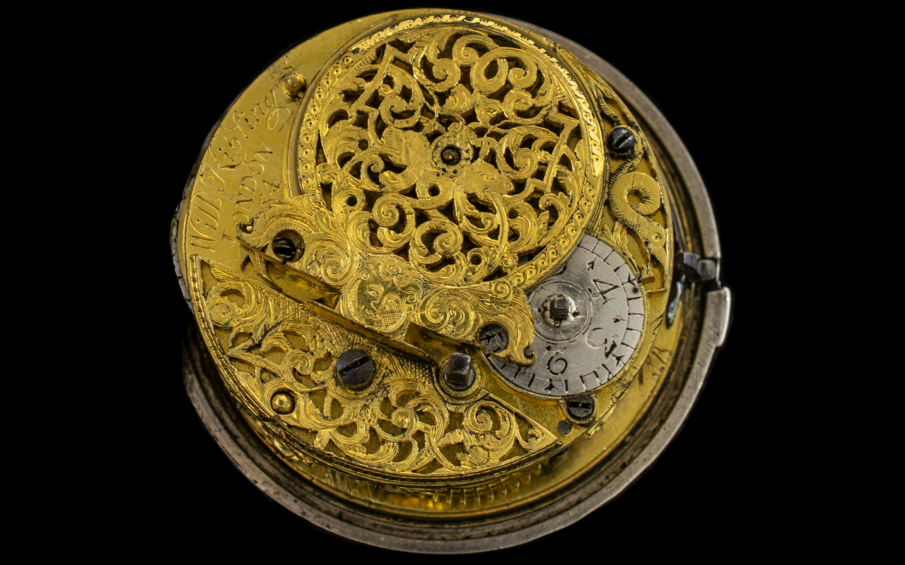 Signed Stunning Silver Pair Cased Chain Driven Verge Pocket Watch, circa 1720 by Will Kipling - Bild 3 aus 4