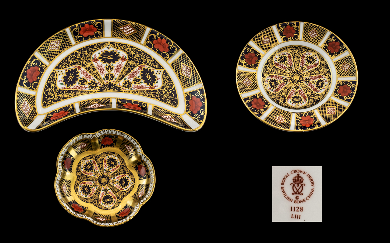 Three Royal Crown Derby Cabinet Pieces Imari Pattern 1128 to include Kidney shaped dish, saucer,