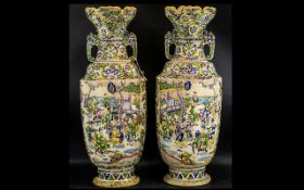 Pair of Large Satsuma Type Vases, with shaped petal top and elephant side handles.