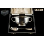 Art Deco Period - Sterling Silver Twin Handle Loving Cup and Spoon of Solid Construction.
