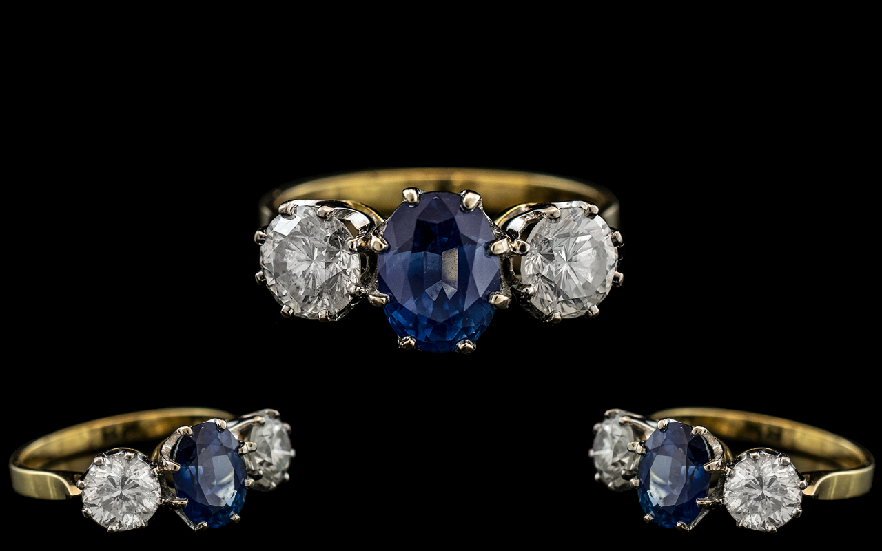 Ladies - Superb Quality 18ct Gold Sapphire and Diamond Set 3 Stone Dress Ring.