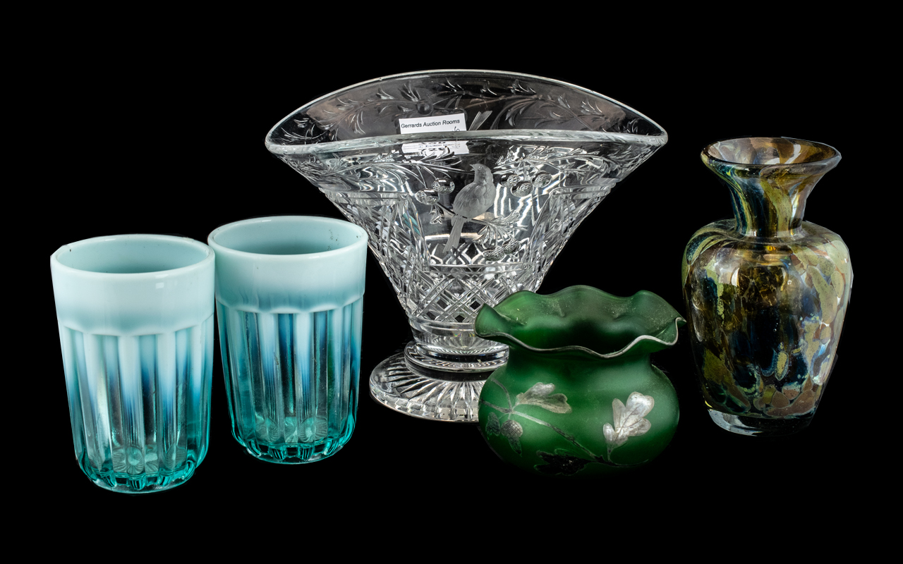 Five Pieces of Art Glass, comprising two turquoise tumblers, a silver resist green vase 3" tall,