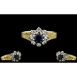 Ladies - Attractive 18ct Gold Diamond and Sapphire Set Cluster Ring ( Top Quality ) Flower head