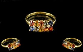 Multi Colours of Sapphire Double Row Band Ring, each row comprising a sunset (red/orange), orange,