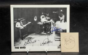 The Who Autographs on 10" x 8" photo, Roger Daltrey, Pete Townsend, John Entwistle,