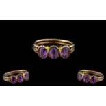 Antique Period Ladies 9ct Gold Attractive 3 Stone Amethyst Set Ring.