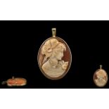 Ladies - Attractive and Well Carved 9ct Gold Oval Shaped Shell Cameo Pendant - Brooch.