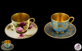 Two Royal Worcester Cabinet Cups & Saucers, one finely painted depicting roses, dated for 1923,