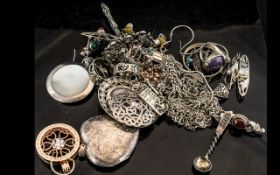 Quantity Of Silver Items To Include Brooches, Pendants, Large Heart Locket, Earrings, Necklaces,