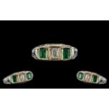 Antique Period - Attractive Platinum Pave Set 3 Stone Emerald and Diamond Dress Ring.