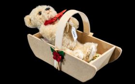 Merrythought Poppy Bear, jointed with curly mohair, holding a poppy and wearing a red ribbon,