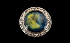 Ruskin - Art Pottery Cabochon Mounted In a Sterling Silver Celtic Style Circular Brooch. c.1910.