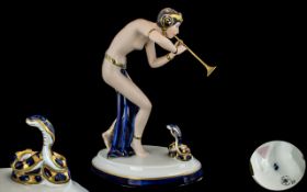 Royal Dux Bohemia Art Deco Fine Quality Hand Painted Porcelain Figure ' Snake Charmer ' Semi Clad