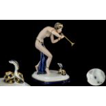 Royal Dux Bohemia Art Deco Fine Quality Hand Painted Porcelain Figure ' Snake Charmer ' Semi Clad