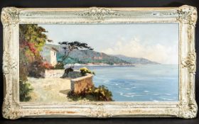 Bay of Naples Oil Painting on Canvas, with a view of the shore-line from a villa veranda.
