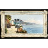 Bay of Naples Oil Painting on Canvas, with a view of the shore-line from a villa veranda.